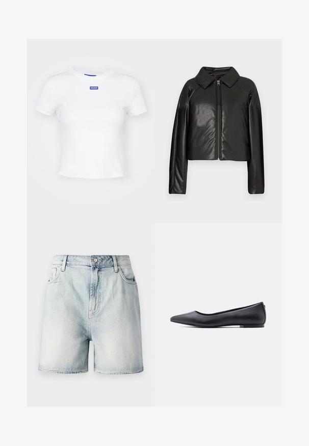 Chaqueta corta de imitación piel negra con cuello con solapa y cierre de cremallera. Presenta mangas largas y una textura suave y brillante.; Camiseta de algodón blanca con mangas cortas, escote redondo y un parche rectangular azul con el logo "HUGO" en el centro delantero.; Pantalones cortos de mezclilla azul claro con cierre de botón, cinco bolsillos y una textura deslavada. Corte recto con un diseño clásico.; Zapato plano de cuero negro con punta puntiaguda y tacón bajo, mostrado de perfil contra un fondo blanco.