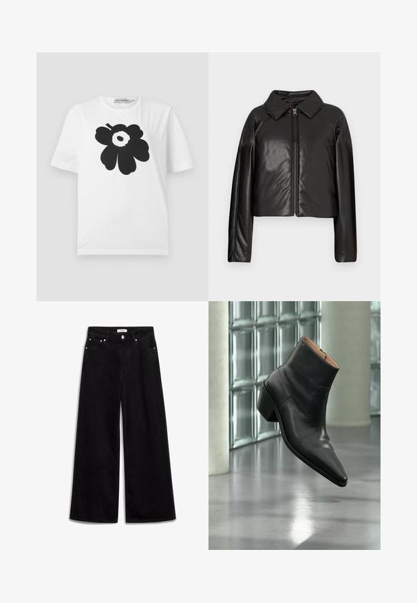 Zwarte faux leren cropped jack met een kraag en ritssluiting. Heeft lange mouwen en een soepele, glanzende textuur.; Witte katoenen T-shirt met een zwart bloemenpatroon, gekenmerkt door ronde bloembladen en een centrale stip, korte mouwen en een ronde halslijn.; Zwarte wijde jeans gemaakt van denim, met een hoge taille, vijf zakken en zilveren hardware accenten. Soepele textuur, strakke ontwerp.; Zwarte leren enkellaars met een spitse neus en blokhak die zweeft boven een reflecterende grijze vloer nabij een glazen blokmuur.