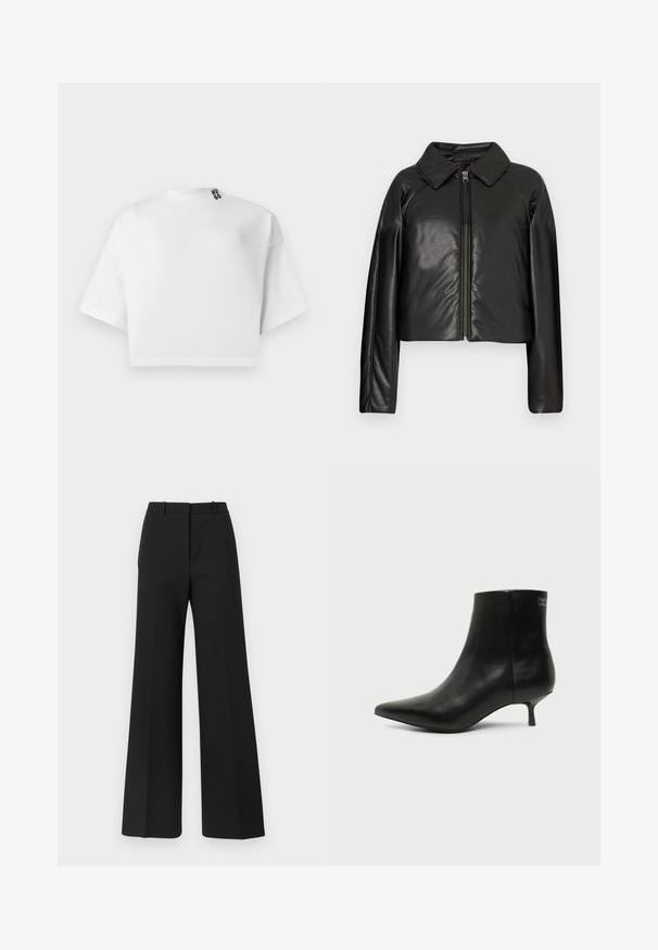 Veste cropped en simili cuir noir avec un col et fermeture zippée. Dispose de longues manches et d'une texture lisse et brillante.; T-shirt blanc court à manches courtes, col rond, en coton. Présente un logo noir « HUGO » près du col. Texture lisse.; Pantalons black à jambes larges avec un design sur mesure, présentant une texture lisse et de subtils plis à l'avant. Pas de garnitures ou de motifs visibles.; Bottine en cuir noir avec bout pointu et petit talon kitten sur fond clair, vue côté extérieur.