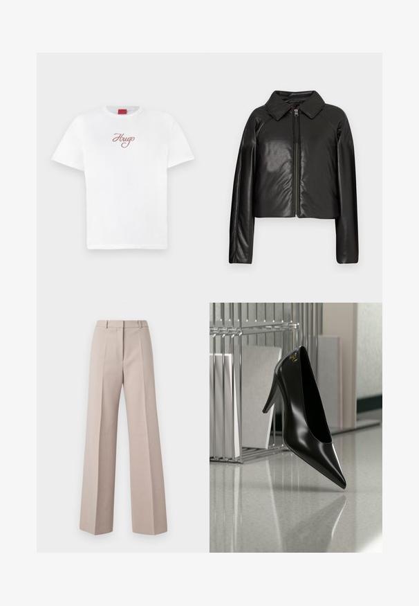 Zwarte faux leren cropped jack met een kraag en ritssluiting. Heeft lange mouwen en een soepele, glanzende textuur.; Witte katoenen T-shirt met een ronde halslijn en korte mouwen, voorzien van een roze cursieve "Hugo" logo op de borst.; Beige wijde broek van een soepele stof, met een hoge taille, voorkreuken en een op maat gemaakte pasvorm.; Zwart hooggehakt schoen met puntige neus en gouden logo, geplaatst op een reflecterend oppervlak naast een verchroomde draadordner met documenten.