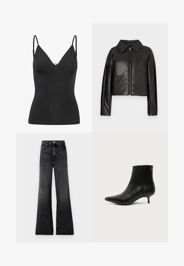 Sort kunstlæder cropped jakke med krave og lynlåslukning. Har lange ærmer og en glat, blank tekstur.; Sort, tætsiddende camisole med justerbare tynde stropper, V-halsudskæring, sømløst design og glat tekstur. Lavet af et blødt, strækbart materiale.; Bredde ben sorte denim jeans med en let falmet finish, høj talje, metalknaplukning og minimale syninger.; Sort læder ankelstøvle med spids tå og lav kitten hæl på lys baggrund, der viser yderside.