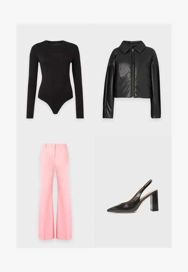 Zwarte faux leren cropped jack met een kraag en ritssluiting. Heeft lange mouwen en een soepele, glanzende textuur.; Zwarte lange mouwen bodysuit van zacht materiaal, met een ronde hals en een tekstuur op de voorkant met het "Guess Jeans" logo.; Roze wijde broek met een op maat gemaakte uitstraling, met een vlakke voorkant en keurig gestreken plooien. Glad stof en hoge taille.; Zwarte leren slingback schoen met spits toelopend neusje, hoge blokhak en beige binnenvoering tegen een effen lichte achtergrond.