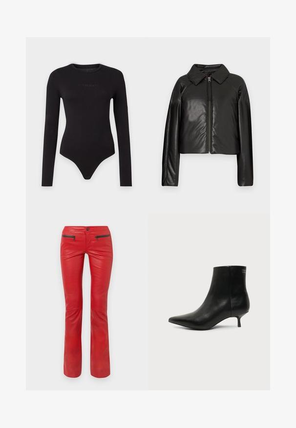 Schwarze Kunstleder-Cropped-Jacke mit Kragen und Reißverschluss. Mit langen Ärmeln und glatter, glänzender Textur.; Schwarzer Langarm-Body aus weichem Stoff, mit rundem Ausschnitt und einem strukturierten "Guess Jeans"-Logo auf der Vorderseite.; Rote Lederhosen mit strukturiertem Finish, ausgestattet mit zwei Reißverschlusstaschen vorne und einem taillierten Schnitt, der sich am Knöchel leicht ausweitet.; Schwarzer Leder-Knöchel-Stiefel mit spitzer Spitze und niedrigem Kittenabsatz vor hellem Hintergrund, seitliche Ansicht.