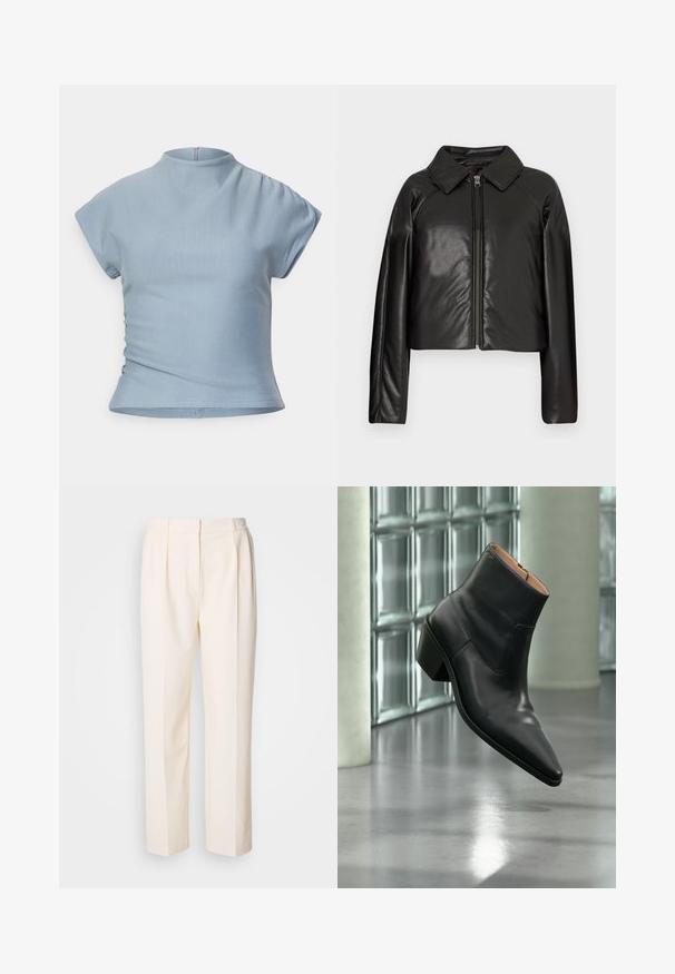Chaqueta corta de imitación piel negra con cuello con solapa y cierre de cremallera. Presenta mangas largas y una textura suave y brillante.; Top corto de manga corta en azul claro con un alto cuello, diseño ajustado, detalles fruncidos en los hombros y una cremallera oculta en la parte posterior.; Lacoste Pantalones - lapland; Botín de piel negra con puntera puntiaguda y tacón cuadrado que levita sobre un suelo gris reflectante cerca de una pared de bloques de cristal.