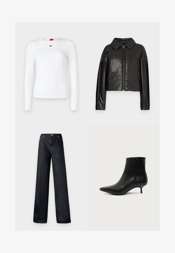 Chaqueta corta de imitación piel negra con cuello con solapa y cierre de cremallera. Presenta mangas largas y una textura suave y brillante.; Camisa blanca de manga larga con un diseño ajustado y un escote redondo. Presenta un pequeño logo negro de "Hugo" en el pecho. Textura de tela suave.; Jeans de pierna ancha en azul oscuro con un patrón geométrico, fabricados en denim. Presentan un botón de metal, cremallera y costuras en los bolsillos frontales.; Botín de piel negra con puntera puntiaguda y tacón bajo estilo kitten sobre fondo claro, mostrando vista lateral exterior.