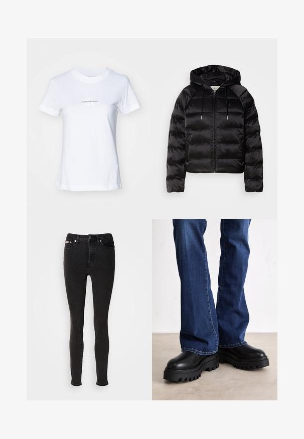 Sort pufferjakke med hætte, med lynlås foran, elastiske ærmer og en glat, blank overflade. Inkluderer logo-detalje på brystet.; Hvid bomulds t-shirt med rund hals, korte ærmer og grafisk tryk foran i blåt tekst: "CalvinKleinJeans" med et stiliseret "K" logo.; Sorte skinny jeans lavet af denim med en glat tekstur, der har fem-lomme-design, bæltestropper og lukning med metalknap.; Chunky sorte platform støvler med teksturerede gummisåler, rund tå og glat læderoverdel, parret med blå flagrende jeans.