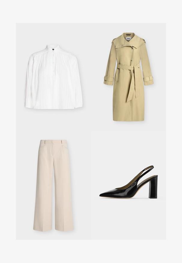 Gabardina beige hasta la rodilla con cuello ancho, cintura con cinturón, mangas largas con puños ajustables y cierre de botones en el frente.; Blusa blanca de manga larga con cuello alto, tapeta de botones y detalles verticales de pliegues y encaje en la parte delantera.; Pantalones beige de pierna ancha con bolsillos frontales, trabillas para cinturón y parte delantera plana, mostrados sobre un fondo claro y liso.; Zapato de tacón alto tipo slingback de charol negro con puntera puntiaguda y tacón cuadrado sobre fondo claro y liso.
