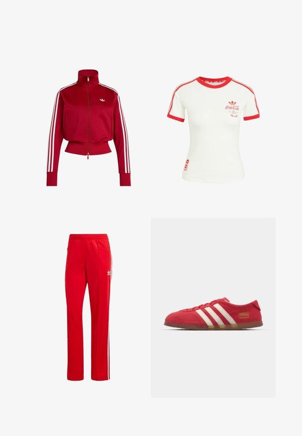 Rood trainingsjack met rits, witte drie strepen op de mouwen, geribbelde manchetten en zoom, en een klein wit logo op de linkerborst.; Wit T-shirt met korte mouwen, rode kraag, mouwzoom, strepen en Coca-Cola-logo op de borst en onderzijde.; Rode sportieve broek van polyester, met witte zijstrepen en een elastische tailleband. Inclusief ritszakken voor opslag.; Rode suède sneakers met wit drie-streepdesign, platte zool en gouden logo-detail. Laag uitgesneden ontwerp met ronde neus en vetersluiting.