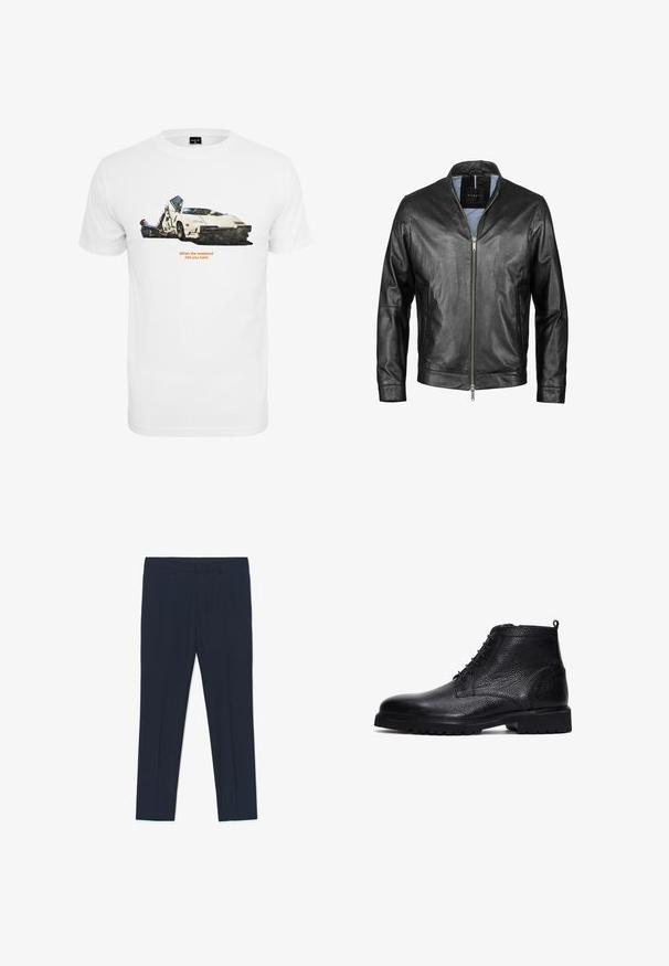 Zwarte leren jas met een rechte kraag, voorritssluiting en een stevige textuur. Heeft lange mouwen en minimalistische designelementen.; Witte katoenen T-shirt met een auto-illustratie en twee figuren, tekst "Wanneer het weekend je hard raakt," en tegen een eenvoudige achtergrond.; Marineblauwe formele broek met een getailleerd ontwerp, een gladde textuur en twee voorzakken, met strakke lijnen en een rechte pasvorm.; Zwarte leren enkelboots met een gestructureerde afwerking, vetersluiting en een robuuste rubberen zool met anti-slipprofiel.