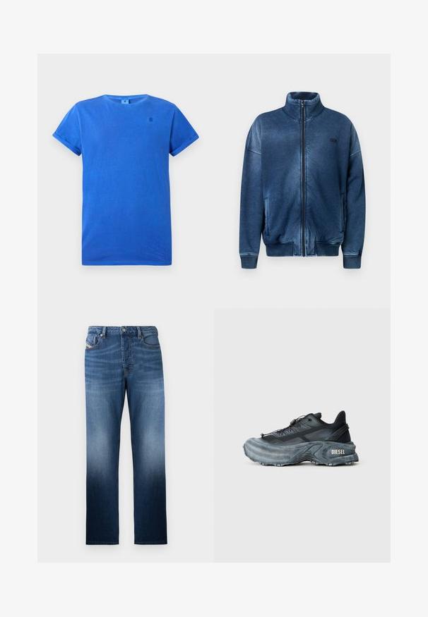 Blaue Jacke mit Reißverschluss aus weichem Stoff, mit Stehkragen, gerippten Bündchen, Seitentaschen und einem aufgestickten Logo auf der Brust.; Blaues T-Shirt mit kurzen Ärmeln aus Baumwolle und Rundhalsausschnitt. Mit umgeschlagenen Ärmeln und einem kleinen Logo in dunklerem Blau auf der Brust.; Dunkelblaue Jeans aus Denim mit geradem Bein und einem ausgewaschenen Effekt. Enthält einen Frontknopfverschluss und Taschen.; Schwarz- und graue Diesel-Sneaker mit dicker Sohle, Schnürverschluss und strukturiertem Design auf einem schlichten hellgrauen Hintergrund.