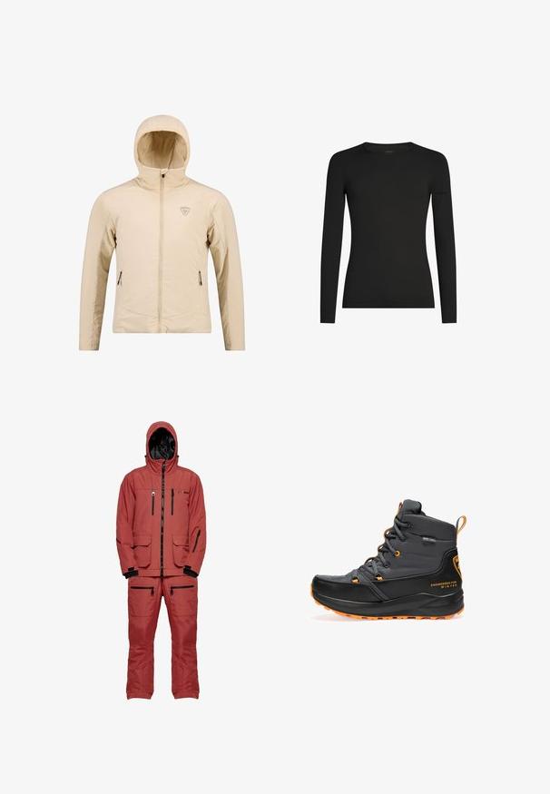 Beige letvægtsjakke med en tætsiddende hætte, lynlås foran, to sidelommer og et diskret logo på brystet. Glat, struktureret stof.; Sort, tætsiddende langærmet T-shirt med rund hals og et diskret Icebreaker-logo på venstre ærme, vist på en hvid baggrund.; Rød vandtæt skijakke med hætte, der har sorte lynlåse og detaljer, flere lommer og et tekstureret stof til isolering.; Sorte vinterstøvler med et vandtæt design, orange detaljer, snørebånd og en tekstureret sål til skridsikkerhed. Mærket angiver vinterbrug.