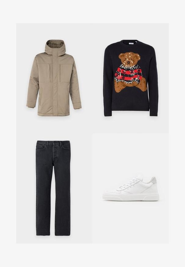 Beige Winterjacke mit hohem Kragen, Frontreißverschluss und zwei Brusttaschen mit Klappen. Aus einem glatten, strapazierfähigen Stoff gefertigt.; Schwarzer Strickpullover mit einem Teddy-Bären-Motiv in Braun, der einen rot-schwarz gestreiften Pullover mit weißen Akzenten und einem runden Ausschnitt trägt.; Schwarze Denim-Jeans mit geradem Bein, fünf Taschen, Gürtelschlaufen und minimalen Nähten. Hergestellt aus weichem, strukturiertem Baumwollstoff.; Weiße Leder-Sneaker mit glatter Oberfläche, rundem Zehenbereich, flachen Schnürsenkeln und strukturiertem Schuhsohlen. Graues Wildleder-Detail an der Ferse.