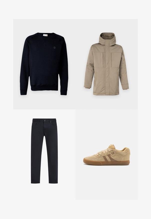 Beige winterjack met een hoge kraag, een ritssluiting aan de voorkant en twee borstzakken met kleppen. Gemaakt van een gladde, duurzame stof.; Zwarte sweatshirt van een katoenmix, met een ronde halslijn, lange mouwen, ribgebreide manchetten en een klein logo op de borst.; Zwarte denim jeans met een gladde textuur, rechte pijpen, vijf zakken en een metalen knoopsluiting bij de taille. Minimalistische stijl.; Tan suede sneakers hebben een ronde neus, vetersluiting en een bruine accentstreep. Rubberen zool met een gestructureerde grip. Eenvoudig logo aan de zijkant.