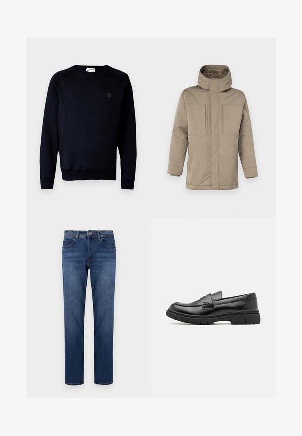 Beige vinterjakke med høj krave, frontlynlås og to brystlommer med klapper. Fremstillet af et glat, holdbart stof.; Sort sweatshirt lavet af en blanding af bomuld, med rund halsudskæring, lange ærmer, ribbede manchetter og et lille logo på brystet.; Mørkeblå denimjeans med lige pasform, fem lommer og kontrastsyning. Afsluttet med en knap- og lynlåslukning.; Sort læder loafersko med en bred rem over forfoden, gummisål med tykke mønstre og glat overflade. Klassisk, slankt design.
