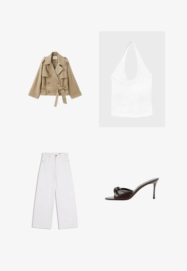 Trench-coat beige court avec larges revers, boutons croisés, épaulettes et ceinture nouée à la taille sur fond uni.; Haut blanc sans manches à encolure américaine, avec un profond col rond et une taille cintrée, présenté sur un fond clair et uni.; Jean en denim blanc à jambes larges avec poches avant, passants de ceinture et fermeture par bouton à la taille.; Mule en cuir marron foncé à talon haut avec un bout ouvert et un détail de nœud sur la bride avant.