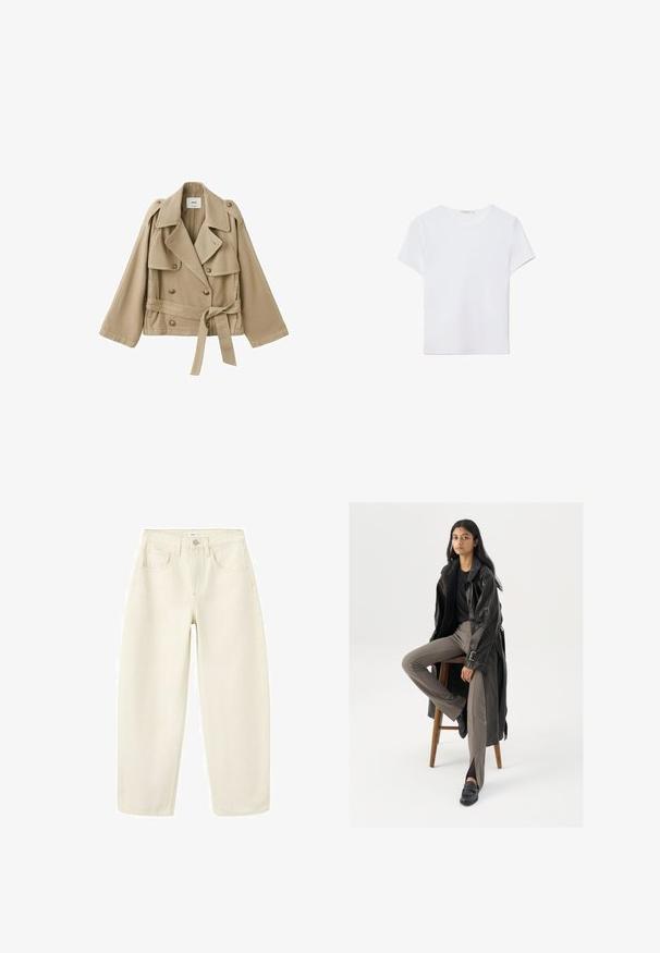 Trench-coat beige court avec larges revers, boutons croisés, épaulettes et ceinture nouée à la taille sur fond uni.; T-shirt blanc à manches courtes en tissu doux. Dispose d'un col rond et d'un design simple et épuré avec un ourlet droit.; Jean crème taille haute à jambes larges, avec poches avant, fermeture par bouton et passants pour ceinture.; Manteau trench en cuir noir avec des boutons et une ceinture, associé à un pantalon ajusté marron clair et des mocassins noirs, assis sur un tabouret en bois.