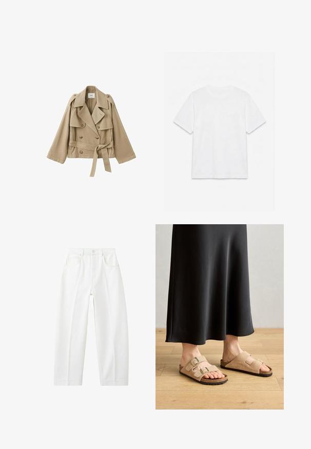 Beige cropped trenchcoat met brede revers, double-breasted knopen, epauletten en een gestrikte tailleceintuur op een effen achtergrond.; Effend wit T-shirt met korte mouwen en ronde hals, plat gelegd op een witte achtergrond.; Witte, rechte spijkerbroek met hoge taille, voorzakken, riemlussen en een knoopsluiting.; Lichtbruine suède sandalen met twee verstelbare gespbandjes, kurken voetbed en rubberen zool, gecombineerd met een zwarte maxi-jurk.