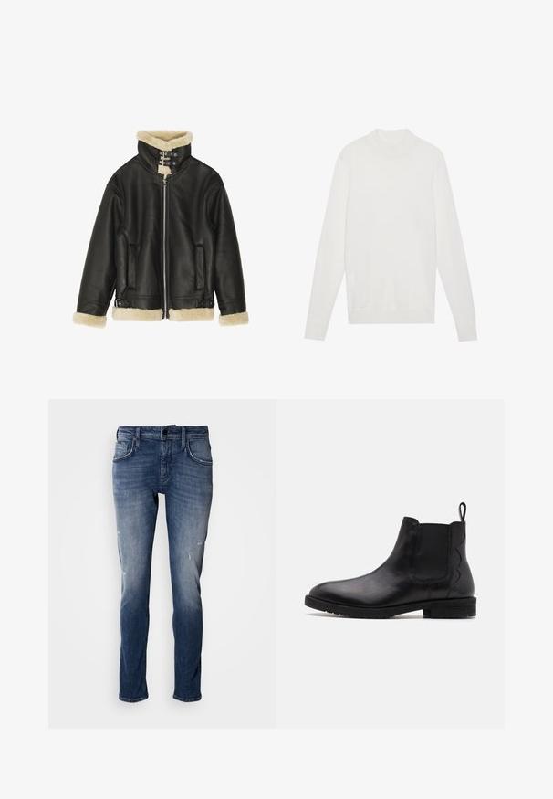 Schwarze Lederjacke mit weichem beigem Lammfellkragen und -manschetten. Verfügt über einen Front-Reißverschluss und zwei Seitentaschen. Robustes Design mit Schnallen.; Weißer Pullover mit einem hohen Kragen, langen Ärmeln und gerippten Bündchen sowie Saum. Aus einem weichen Strickstoff gefertigt. Einfaches und tailliertes Design.; Antony Morato KURT COMFORT - Jeans Tapered Fit - blue denim; Schwarze Leder-Chelsea-Stiefel mit elastischen Seitenteilen, runder Zehenpartie und einem niedrigen Blockabsatz. Mit einer Zuglasche hinten für einfaches Anziehen.