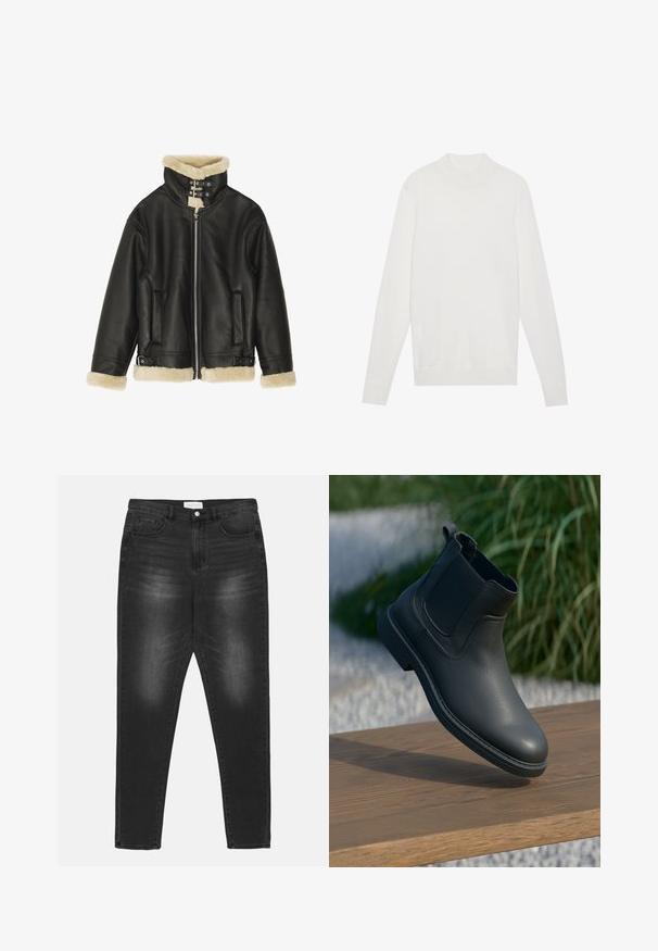 Schwarze Lederjacke mit weichem beigem Lammfellkragen und -manschetten. Verfügt über einen Front-Reißverschluss und zwei Seitentaschen. Robustes Design mit Schnallen.; Weißer Pullover mit einem hohen Kragen, langen Ärmeln und gerippten Bündchen sowie Saum. Aus einem weichen Strickstoff gefertigt. Einfaches und tailliertes Design.; Schwarze Denim-Jeans mit einer ausgeblichenen Waschung, hoher Taille, Fünf-Taschen-Design und silberner Hardware. Gerade Beinform mit Kontrastnähten.; Schwarze Leder-Stiefelette mit elastischen Seitenpanelen, strukturierten Akzenten und Gummisohle; die Präsentation umfasst eine Holzoberfläche und Grünpflanzen.