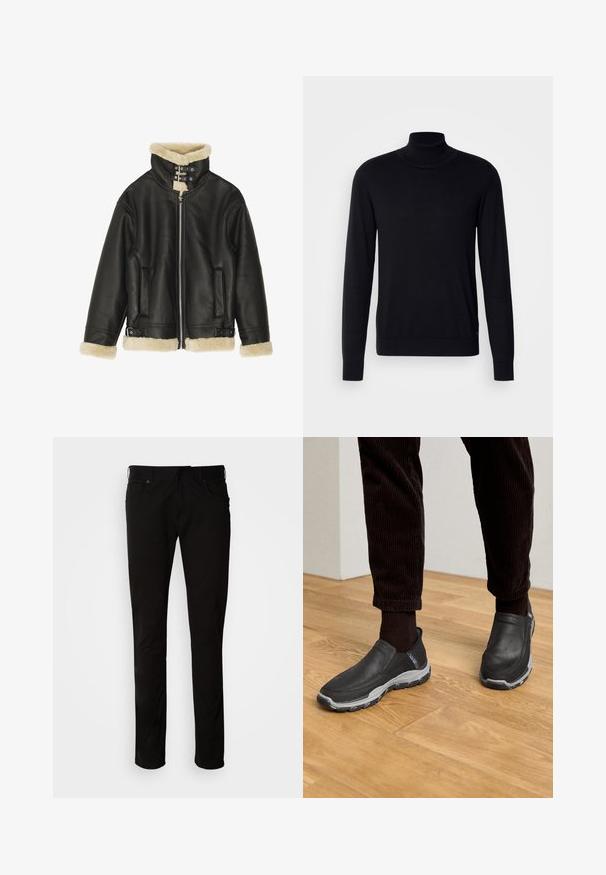 Sort læderjakke med blød beige shearling-krave og manchetter. Har lynlåslukning foran og to sidelommer. Robust design med spænder.; Sort tregnet trøje lavet af blødt stof. Har lange ærmer, ribbestrikket krave og manchetter, samt en glat overflade uden mønstre.; Sorte, lige ben bukser lavet af bomuldsblandingsstof. Har frontlommer, bæltesløjfer og en klassisk lynlås-lukning.; Sorte slip-on sko med strukturerede læderoverdele og en grå gummi sål, placeret på et trægulv og med fløjlsshorts.