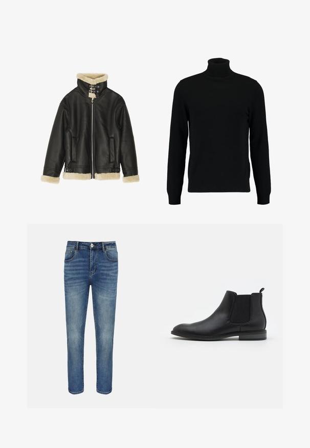 Schwarze Lederjacke mit weichem beigem Lammfellkragen und -manschetten. Verfügt über einen Front-Reißverschluss und zwei Seitentaschen. Robustes Design mit Schnallen.; Schwarzer Rollkragenpullover aus weichem Strickmaterial. Mit langen Ärmeln, geripptem Kragen und Saum. Schlichtes, elegantes Design ohne Muster.; Blaue gerade geschnittene Jeans mit vorderer Knopfleiste und Reißverschluss, Gürtelschlaufen sowie Vorder- und Gesäßtaschen.; Schwarze Leder-Chelsea-Stiefel mit elastischen Seitenpaneelen, runder Zehenform und Zugschlaufe, ausgestattet mit einem niedrigen Blockabsatz und glatter Textur.