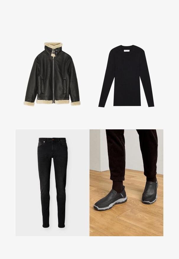 Chaqueta de cuero negra con cuello y puños de forro polar beige acolchado. Cuenta con cierre frontal de cremallera y dos bolsillos laterales. Diseño resistente con hebillas.; Pier One by Zalando MUSCLE FIT KNITJUMPER - Jersey de punto - black; Vaqueros ajustados negros con cinco bolsillos, cierre de botones y trabillas para cinturón, mostrados sobre un fondo liso de color gris claro.; Zapatos negros sin cordones con parte superior de cuero texturizado y una suela de goma gris, sobre un suelo de madera y pantalones de pana.