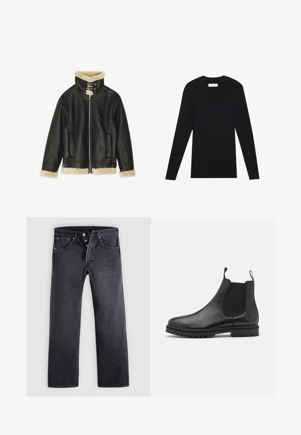 Zwarte leren jas met een zachte beige schapenvachtkraag en manchetten. Voorzien van een ritssluiting aan de voorkant en twee zijzakken. Stevige uitvoering met gespen.; Pier One by Zalando MUSCLE FIT KNITJUMPER - Trui - black; Zwarte spijkerbroeken met een rechte pasvorm, ontwerp met vijf zakken en koperen knoopaccenten. Gladde textuur met een licht vervaagde afwerking.; Zwarte leren Chelsea laarzen met elastische zijpanelen, trekbanden en een gemêleerde rubberen zool met een profielpatroon.