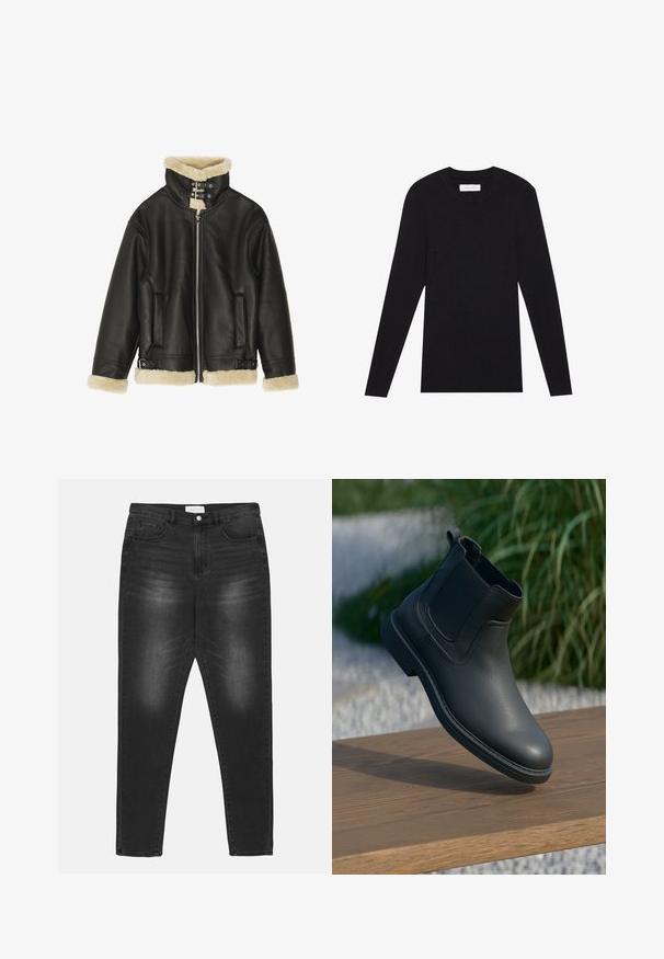 Veste en cuir noir avec col et poignets en shearling beige pelucheux. Dispose d'une fermeture éclair sur le devant et de deux poches latérales. Design robuste avec boucles.; Pier One MUSCLE FIT KNITJUMPER - Pullover - black; Jean en denim noir avec un effet délavé, taille haute, design à cinq poches et accessoires en métal argenté. Coupe droite avec des détails de surpiqûres contrastées.; Bottine en cuir noir avec des panneaux latéraux élastiques, des accents texturés et une semelle en caoutchouc ; l'affichage comprend une surface en bois et de la verdure.