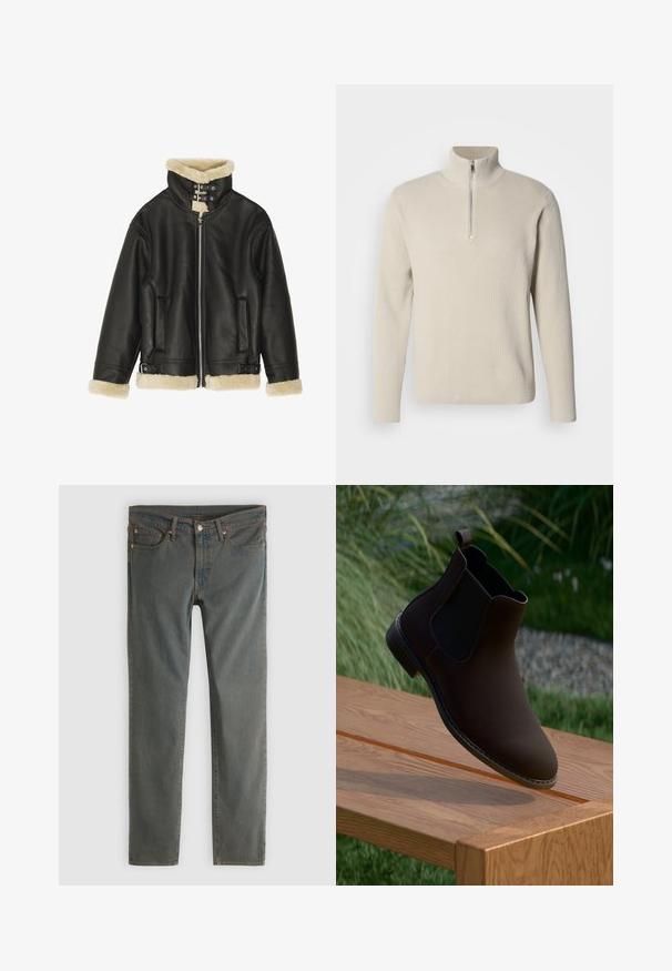Veste en cuir noir avec col et poignets en shearling beige pelucheux. Dispose d'une fermeture éclair sur le devant et de deux poches latérales. Design robuste avec boucles.; Pull en maille côtelée couleur crème avec col montant et fermeture éclair partielle. Fabriqué en tissu texturé, il présente des manches longues et une coupe décontractée.; Jean slim gris foncé avec bouton et fermeture éclair à l'avant, design à cinq poches et rivets en cuivre sur les passants de ceinture et les coins des poches.; Botte cheville en cuir marron avec des panneaux élastiques sur les côtés, bout rond, petit talon et une languette pour un enfilage facile, reposant sur une surface en bois.