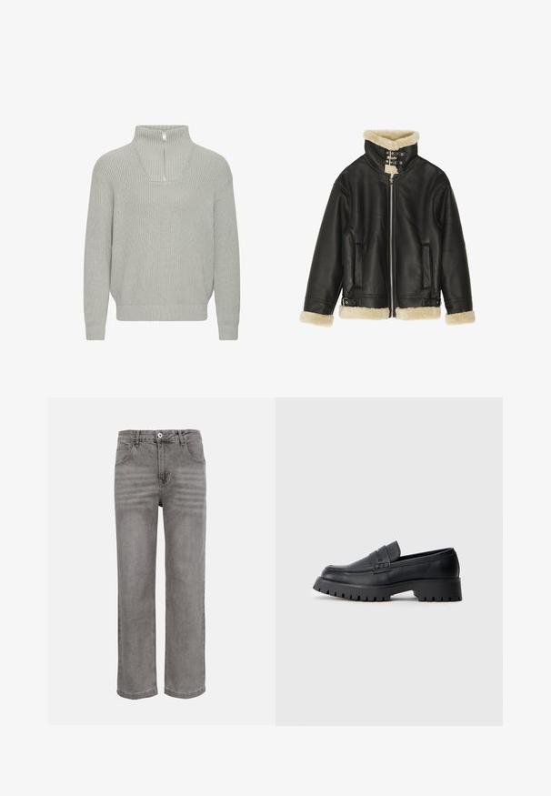 Sort læderjakke med blød beige shearling-krave og manchetter. Har lynlåslukning foran og to sidelommer. Robust design med spænder.; Lys grå ribbet striktrøje med halvlukket krave og dropped skuldre. Har en afslappet pasform og tekstureret stof.; Grå denim jeans med lige ben, forreste knap- og lynlås-lukning, bæltestropper og to forlommer.; Sorte læder loafers med en rund tå, prydet med en dekorativ rem og en kraftig gummisål med dybe riller for grip.