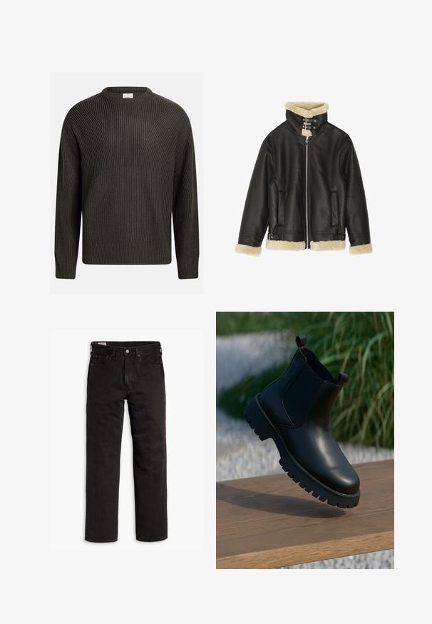 Sort læderjakke med blød beige shearling-krave og manchetter. Har lynlåslukning foran og to sidelommer. Robust design med spænder.; Mørkegrøn, tykk strikket sweater med rund halsudskæring, sænkede skuldre og struktureret mønster hele vejen rundt. Ribbet manchetter og kant.; Sorte lige bukser i denim med fem lommer, knaplukning og bæltestropper, lagt fladt ud på en hvid baggrund.; Sorte læder ankelstøvler med elastiske sidepaneler, rund tå og kraftig sål, vist på en træoverflade.