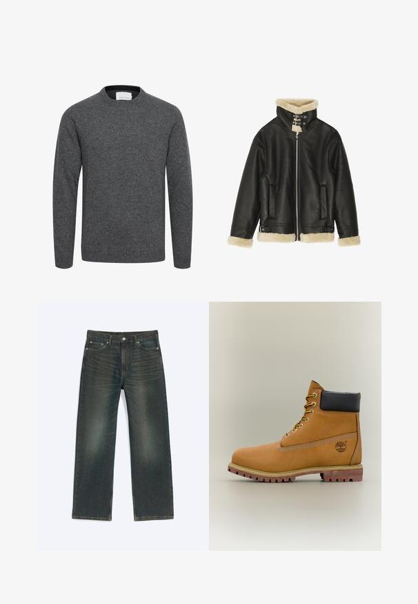 Veste en cuir noir avec col et poignets en shearling beige pelucheux. Dispose d'une fermeture éclair sur le devant et de deux poches latérales. Design robuste avec boucles.; Pull gris charbon à manches longues avec col rond, poignets et ourlet côtelés, en tissu tricoté doux.; Jeans en denim droit lavé foncé, fermeture à boutons sur le devant, passants de ceinture et design classique à cinq poches.; Bottine en cuir marron avec col noir, lacets jaunes et semelle beige. Présente un logo et des détails de couture blanche. Semelle extérieure à traction robuste.