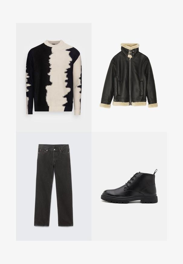 Veste en cuir noir avec col et poignets en shearling beige pelucheux. Dispose d'une fermeture éclair sur le devant et de deux poches latérales. Design robuste avec boucles.; Pull en tricot avec un col haut, motif abstrait noir et blanc audacieux, tissu texturé et bords côtelés au niveau des poignets et de l'ourlet.; Jean denim noir à jambes droites avec poches avant, passants de ceinture et fermeture par bouton, disposé à plat sur un fond gris.; Bottines noires en cuir avec un laçage à l'avant, semelle texturée et une languette. Bout arrondi et semelle extérieure en caoutchouc robuste avec amélioration de traction.