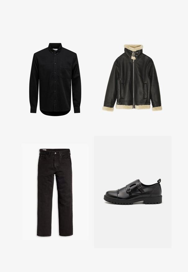 Veste en cuir noir avec col et poignets en shearling beige pelucheux. Dispose d'une fermeture éclair sur le devant et de deux poches latérales. Design robuste avec boucles.; Chemise noire à manches longues avec boutons, col boutonné et poche poitrine, présentée sur fond blanc.; Jean en denim noir à jambes droites avec cinq poches, fermeture à bouton et passants de ceinture, posés à plat sur un fond blanc.; Pier One by Zalando Mocassins de ville - black
