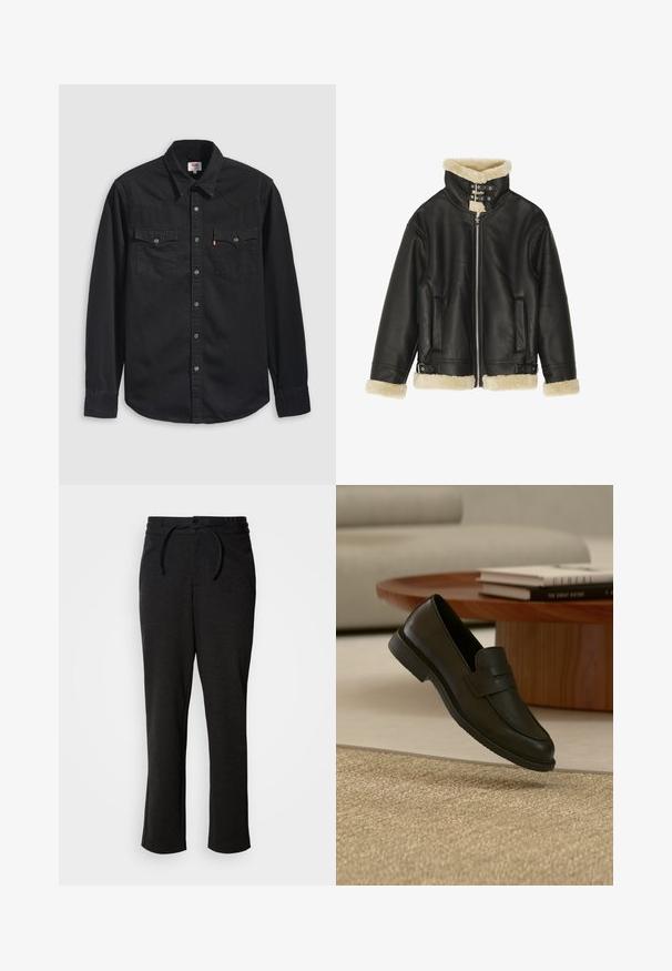 Veste en cuir noir avec col et poignets en shearling beige pelucheux. Dispose d'une fermeture éclair sur le devant et de deux poches latérales. Design robuste avec boucles.; Chemise en denim noir avec col boutonné, deux poches poitrine et un col pointu avec des détails de couture visibles.; Pantalons en tricot noirs avec un waistband à cordon de serrage, coupe droite et poches latérales. Texture douce avec une finition lisse.; Chaussure mocassin en cuir noir présentée en suspension au-dessus d'un tapis beige tissé, avec une table en bois et des livres empilés dans un salon doucement éclairé.