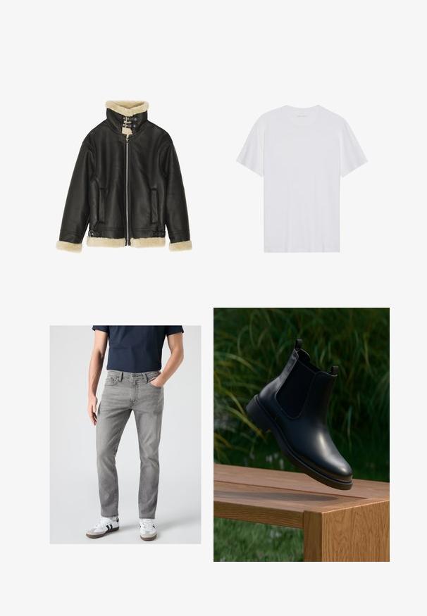 Sort læderjakke med blød beige shearling-krave og manchetter. Har lynlåslukning foran og to sidelommer. Robust design med spænder.; Hvid bomulds T-shirt med korte ærmer, rund hals og en glat tekstur. Har minimal branding på halsudskæringen.; Mand iført grå slim-fit jeans, hvide sneakers med sorte striber og en mørkeblå kortærmet skjorte, står med den ene hånd i lommen.; Sort læder ankelstøvle med elastiske sidepaneler, der svæver over en træbænk, med grønne planter i baggrunden.