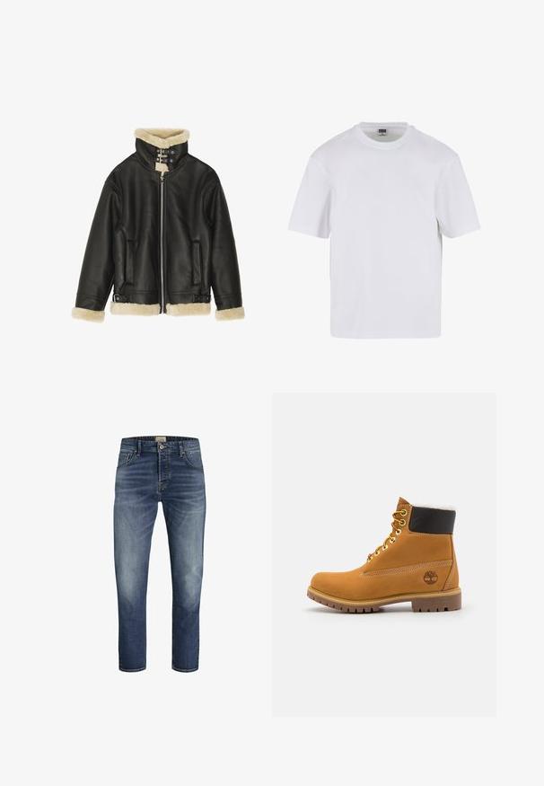 Sort læderjakke med blød beige shearling-krave og manchetter. Har lynlåslukning foran og to sidelommer. Robust design med spænder.; Hvid kortærmet t-shirt lavet af bomuld. Har en rund halsudskæring og en afslappet pasform. Glat tekstur, minimalistisk design, ingen mønstre eller accenter.; Mørkeblå denim jeans med lige skæring, falmede foran, fem-lomme design og kontraststing. Sømmene er let rullet.; Brune læder ankelstøvle med metaløjer, hvid pelsforing, sort polstret krave, robust sål og præget logo på siden.