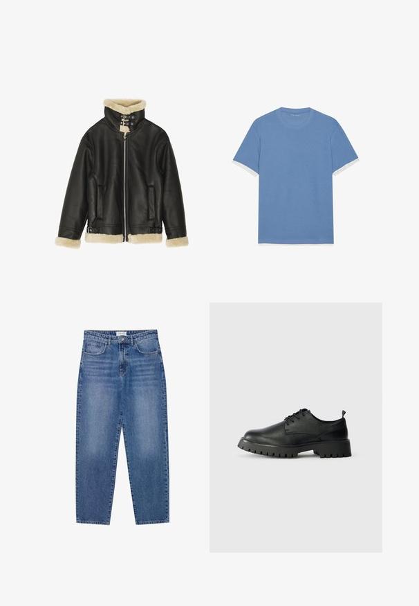 Sort læderjakke med blød beige shearling-krave og manchetter. Har lynlåslukning foran og to sidelommer. Robust design med spænder.; Lyseblå kortærmet t-shirt med tekstureret stof. Hvide detaljer ved ærmekanterne. Rund halsudskæring og en afslappet pasform.; Blå denim jeans med høj talje, lige ben design og slidte finish. Har fem lommer og en knaplukning.; Sorte læder snøresko med rund tå, tekstureret overflade og kraftig gummisål med dybe riller for bedre greb.