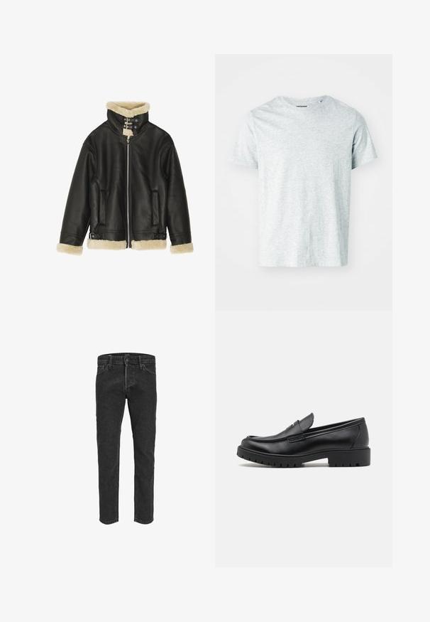 Veste en cuir noir avec col et poignets en shearling beige pelucheux. Dispose d'une fermeture éclair sur le devant et de deux poches latérales. Design robuste avec boucles.; T-shirt gris clair à manches courtes en tissu doux, avec un col rond et une coupe légèrement décontractée. Aucun motif ou graphique visible.; Jean en denim noir avec une coupe droite, cinq poches et passants de ceinture, présentant une texture légèrement délavée et des coutures contrastées.; Mocassins en cuir noir avec un bout arrondi, un design à enfiler et une semelle en caoutchouc épaisse avec une texture antidérapante. Talon surélevé et détails de surpiqûre subtils.