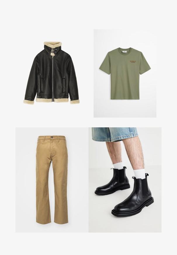 Sort læderjakke med blød beige shearling-krave og manchetter. Har lynlåslukning foran og to sidelommer. Robust design med spænder.; Oliven grøn bomulds t-shirt med korte ærmer, rund hals og "Howdy" broderet i brunt på venstre bryst. Glat tekstur, afslappet pasform.; Khaki bukser lavet af bomuld. Lige pasform med en talje og forlommer. Har en enkelt baglomme og diskrete syninger.; Steve Madden HENRIES - Støvletter - black