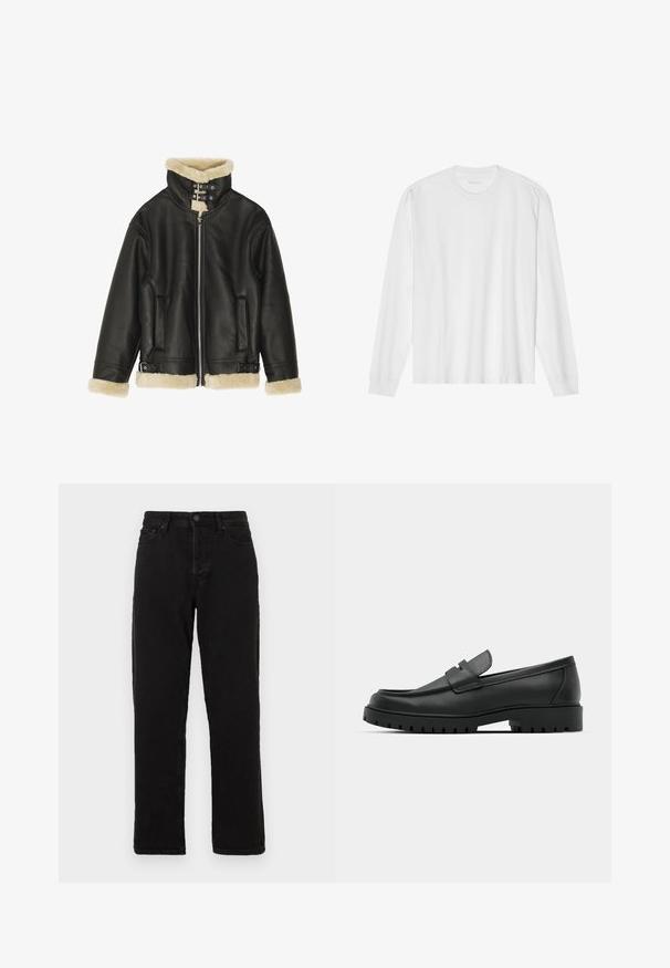 Sort læderjakke med blød beige shearling-krave og manchetter. Har lynlåslukning foran og to sidelommer. Robust design med spænder.; Hvid, langærmet t-shirt i bomuld med rund hals, med ribbede ærmeafslutninger og en lige kant, glat tekstur og minimalistisk design.; Sorte denim jeans med lige ben design, der har knaplukning, bæltestropper og klassisk fem-lomme stil.; Sorte læder loafers med rund tå, der har et syet design, lav platformssål og en struktureret, skridsikker gummisål.