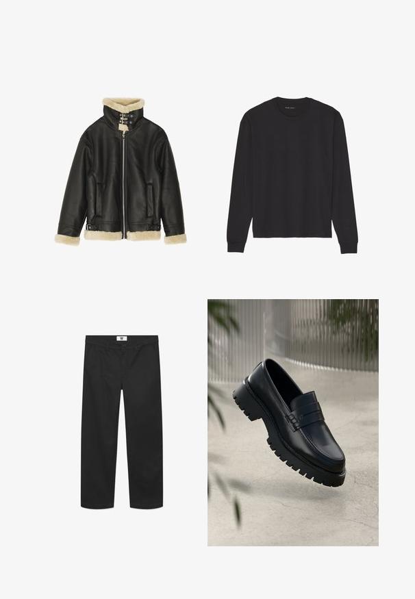 Veste en cuir noir avec col et poignets en shearling beige pelucheux. Dispose d'une fermeture éclair sur le devant et de deux poches latérales. Design robuste avec boucles.; T-shirt noir à manches longues en coton doux. Dispose d'un col rond classique, de poignets côtelés et d'une coupe décontractée. Design simple, sans motifs.; Chino noirs en tissu de coton lisse. Dotés d'une fermeture à bouton, de poches avant et d'une coupe droite avec des bords nets.; Mocassins en cuir noir avec une semelle à crampons épaisse, dotés d'une sangle décorative et de détails de couture. Texture lisse avec une finition polie.