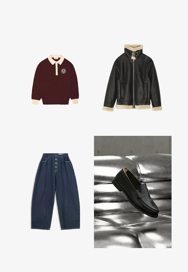Sort læderjakke med blød beige shearling-krave og manchetter. Har lynlåslukning foran og to sidelommer. Robust design med spænder.; Bordeauxfarvet langærmet polo skjorte med cremefarvet krave og manchetter, knaplukning foran og cirkulært "Prohibited Berlin" logo på venstre bryst.; Mørkeblå denim bukser med brede ben og høj talje, fem knaplukninger og fem lommer. Har stikninger som accent på sømmene.; Sort læderloafer svæver over en skinnende sølvfarvet, polstret lædersofa i et minimalistisk miljø.