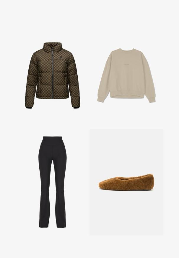 Polstret jakke i mørkebrun med et geometrisk mønster, featuring højt krave, lynlåslukning og elastiske håndled.; Beige sweatshirt lavet af blødt bomuld, der har en rund halsudskæring, nedfaldne skuldre og ribbede mancher. På fronten er ordet "PEGAADOR" broderet.; Sorte flared leggings lavet af strækbart stof, med en høj talje og glat tekstur, designet til komfort og bevægelighed.; Brune, fuzzy balletflade med en rund tå og blød tekstur. Lav profil med blødt overdel og sort sål.