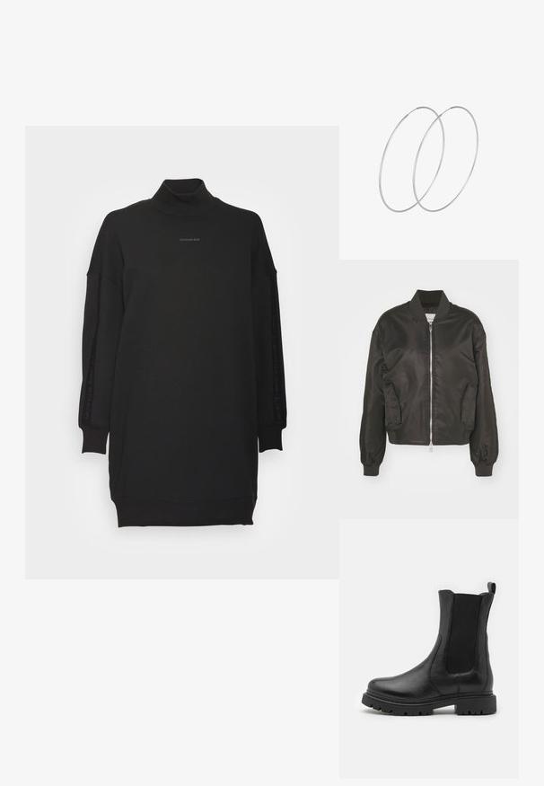 Chaqueta bomber negra hecha de un tejido brillante y suave. Cuenta con un cierre frontal, dos bolsillos laterales y puños y cuello acanalados.; Calvin Klein Jeans LOGO TRIM MOCK NECK DRESS - Vestido informal - black; Botas de cuero negro hasta el tobillo con paneles laterales elásticos, punta redondeada y suela resistente con surcos de tracción pronunciados.; Pendientes de aro plateados con un diseño minimalista. Forma circular, textura suave y perfil delgado. Livianos con un acabado pulido.