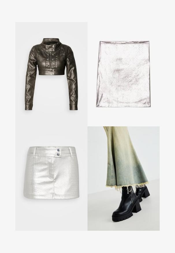 Metallisch schimmernde, kurze Kunstlederjacke mit hohem Kragen, Reißverschluss vorne und dekorativen Knopfdetails. Verfügt über lange Ärmel und eine taillierte Passform.; Metallisch silberner Stoff mit glatter Textur und leichtem Schimmer. Rechteckige Form, Kanten ordentlich genäht, keine auffälligen Muster oder Akzente.; Silberner, Kunstlederrock mit strukturiertem Krokodilmuster, ausgestattet mit zwei blauen Knopfakzenten und einem figurschmeichelnden Design.; Schwarze Leder-Ankle-Boots mit einer groben strukturierten Sohle, kombiniert mit einem verwaschenen Jeansrock mit fransigen Kanten. Reißverschlussdetail an der Seite.