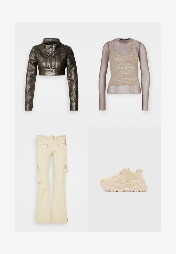Chaqueta corta de cuero sintético metálico con cuello alto, cremallera frontal y detalles decorativos de botones. Presenta mangas largas y un ajuste entallado.; Top sin mangas beige combinado con mangas largas de malla; cuenta con una impresión en blanco en la parte delantera, escote redondo y una silueta ajustada.; The Ragged Priest FIELD TROUSERS - Pantalones cargo - stone; Buffalo GALACTICA - Zapatillas - cream