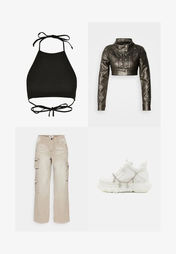 Veste courte en similicuir métallique avec un col montant, une fermeture éclair à l'avant et des détails décoratifs à boutons. Caractéristiques manches longues et coupe ajustée.; Soutien-gorge de bikini noir de style halter fabriqué en tissu côtelé ; il dispose de liens réglables au cou et d'un dos découpé avec un détail noué.; BDG Urban Outfitters PANTS - Pantalon cargo - stone; Baskets blanches avec une semelle épaisse, tige en cuir texturé et chaîne en métal décorative avec des breloques. Dispose d'un système de laçage et d'un col rembourré.