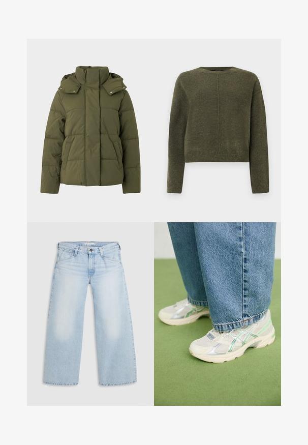 Chaqueta de plumas verde oliva con un alto cuello y capucha, que presenta paneles cosidos, bolsillos laterales y detalles de cierre a presión.; Suéter corto de color verde oliva, fabricado en un suave material de punto. Presenta mangas largas y un escote redondo con un sutil detalle de costura central.; Jeans de pierna ancha en un suave tono azul, confeccionados en denim. Presentan corte recto, diseño de cinco bolsillos y un cierre de botón en la cintura.; Zapatillas de malla blancas y plateadas con detalles en verde, combinadas con unos vaqueros azules holgados, de pie sobre un suelo de moqueta verde.