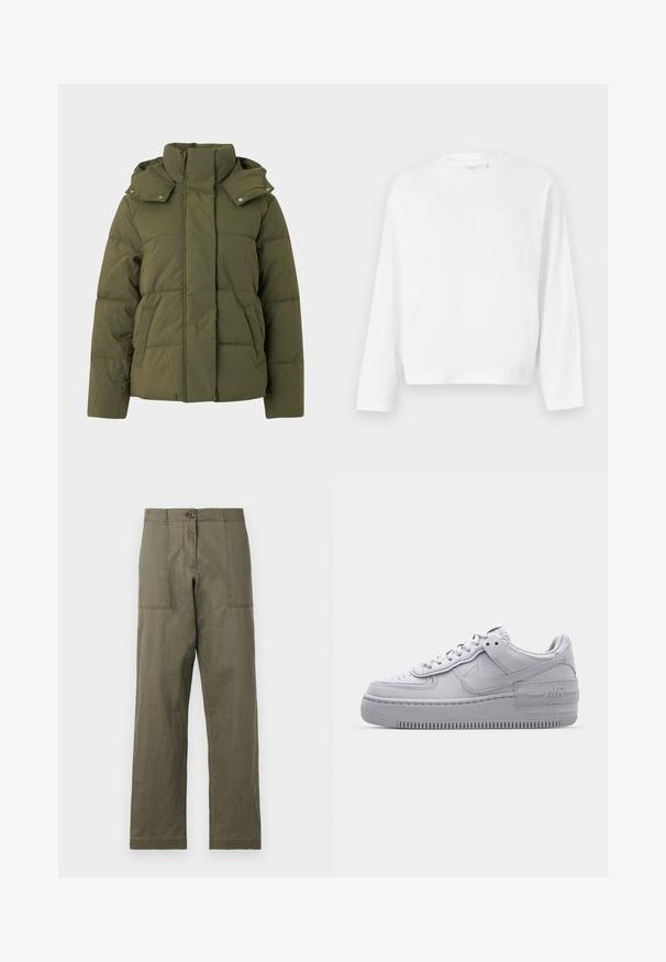 Olivgrüne Steppjacke mit hohem Kragen und Kapuze, mit genähten Paneelen, seitlichen Taschen und Druckknopfverschlussdetails.; Gina Tricot Langarmshirt - white; Olivgrüne Baumwollhosen mit geradem Bein, zwei großen Seitentaschen und einem Knopfverschluss an der Taille.; Graue Nike Air Force 1 Sneaker mit perforierter Zehenpartie, Obermaterial aus glattem Leder, dicker Sohle und geprägtem 'AIR'-Detail an der Ferse.
